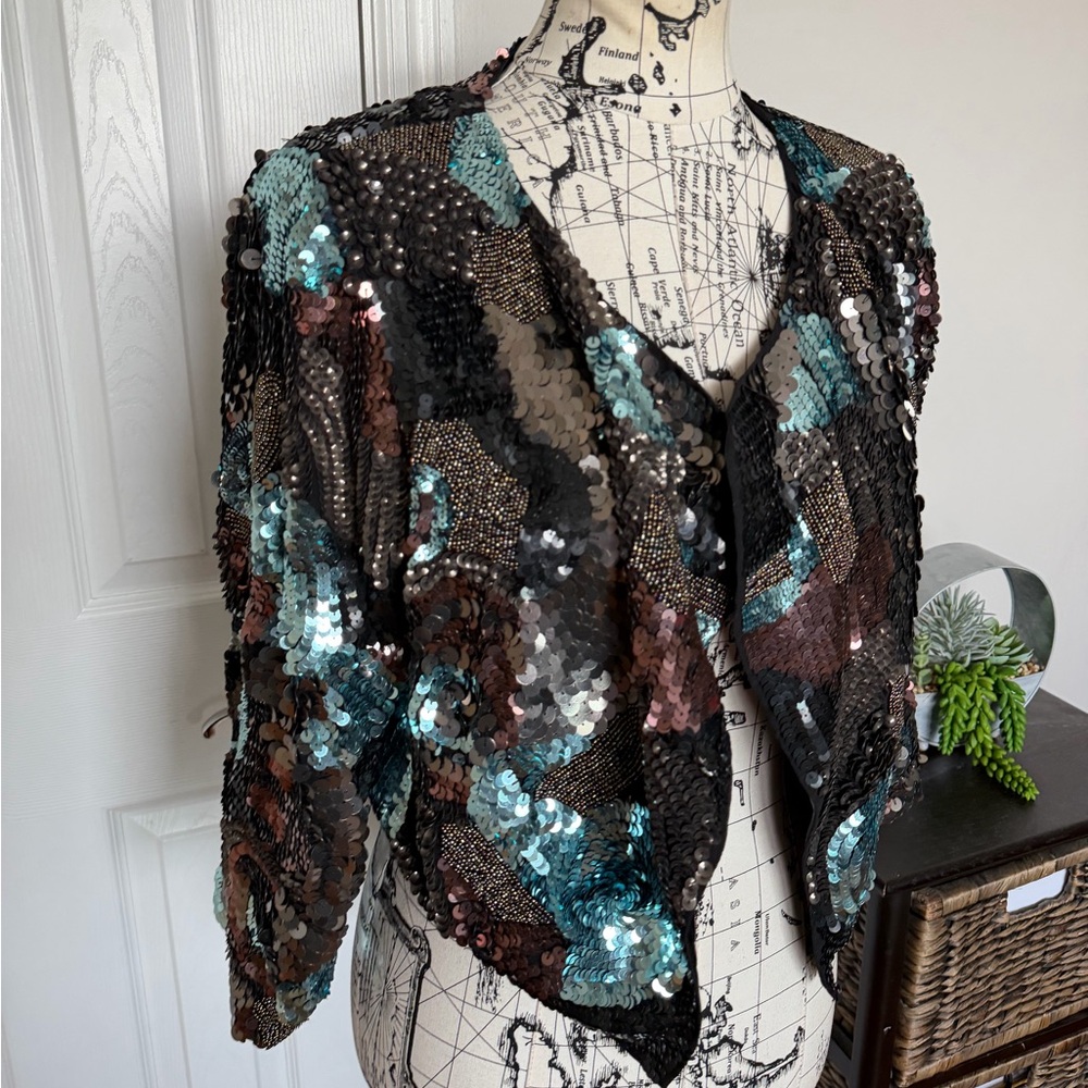 Gudi Vintage Sequin Embellished bead multi-colored Y2K 80’s crop bolero Jacket L